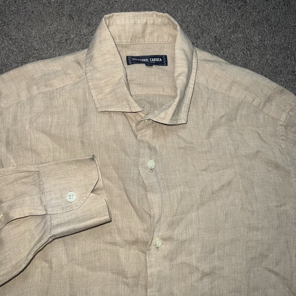 Mens Frescobol Carioca Antonio Linen Shirt Button Up Long Sleeve Sand Medium